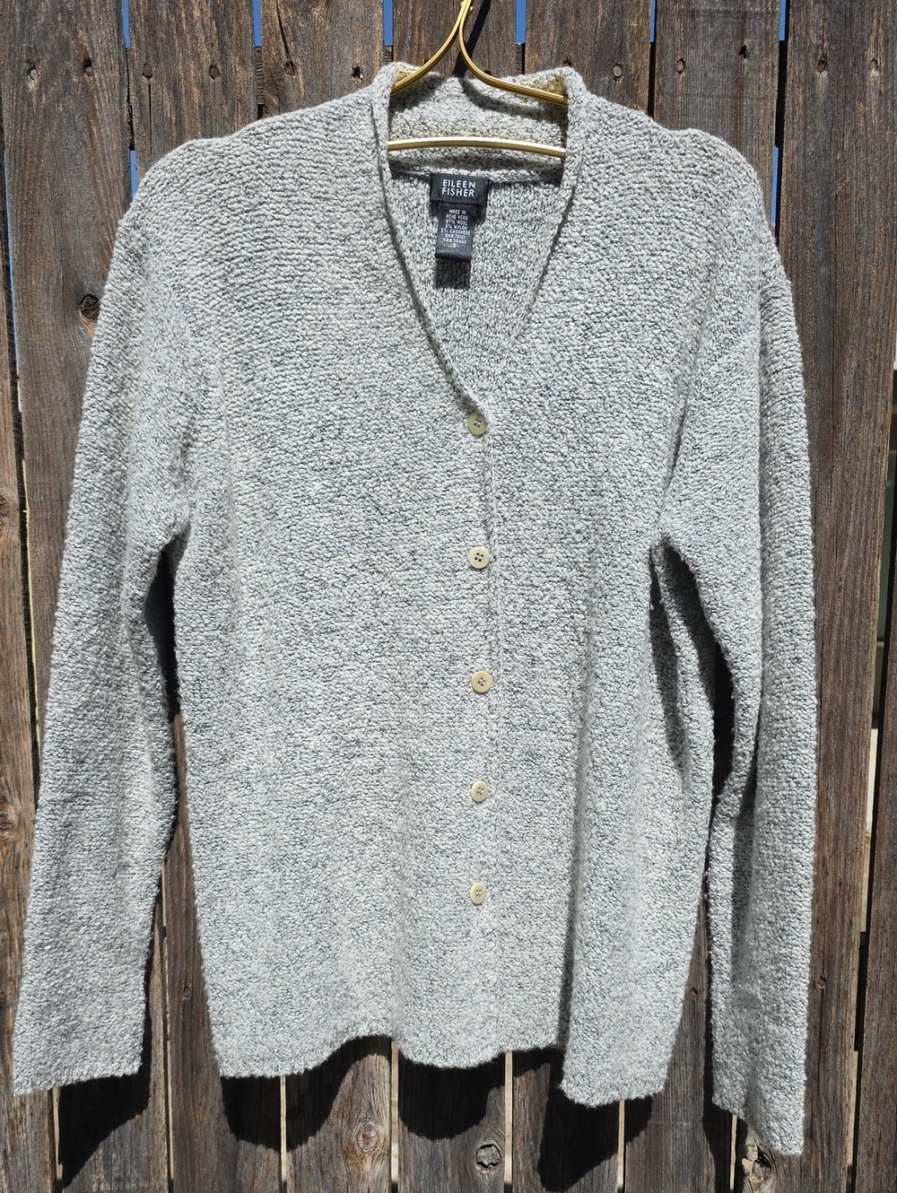 Vintage Eileen Fisher Wool Cashmere Blend Gray Bouclé Button-Front Cardigan